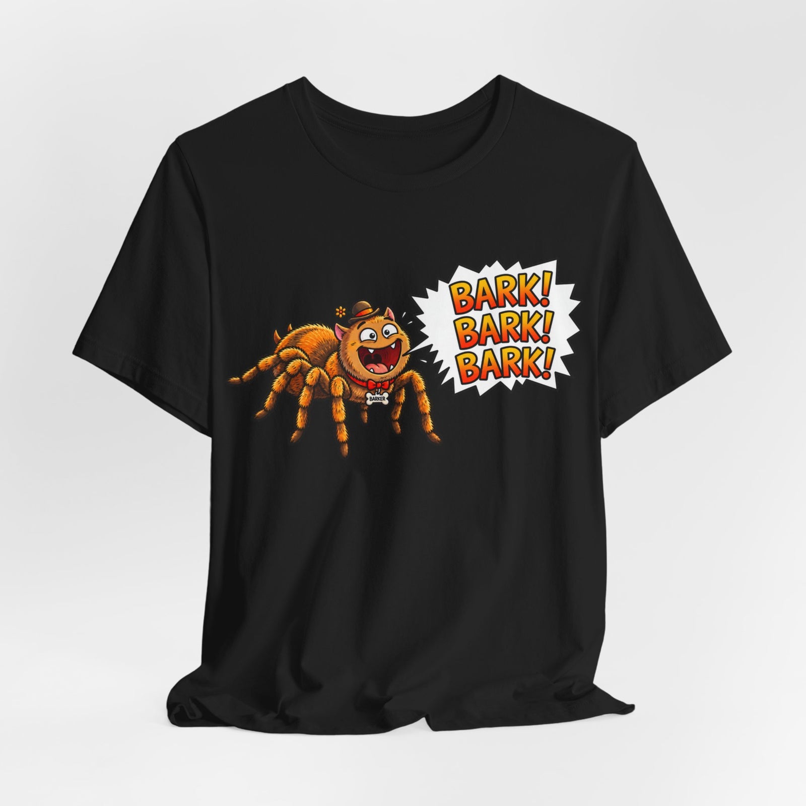 Barking Tarantula T‑Shirt — Funny Spider Cartoon Saying "Bark! Bark! Bark!"