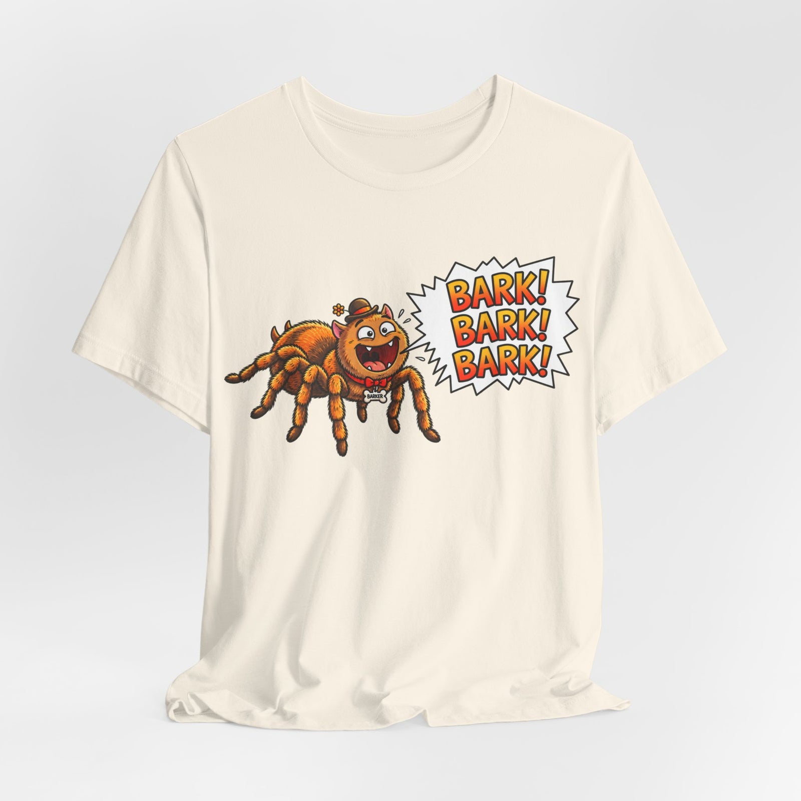Barking Tarantula T‑Shirt — Funny Spider Cartoon Saying "Bark! Bark! Bark!"
