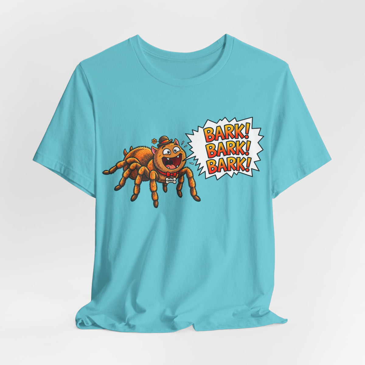 Barking Tarantula T‑Shirt — Funny Spider Cartoon Saying "Bark! Bark! Bark!"