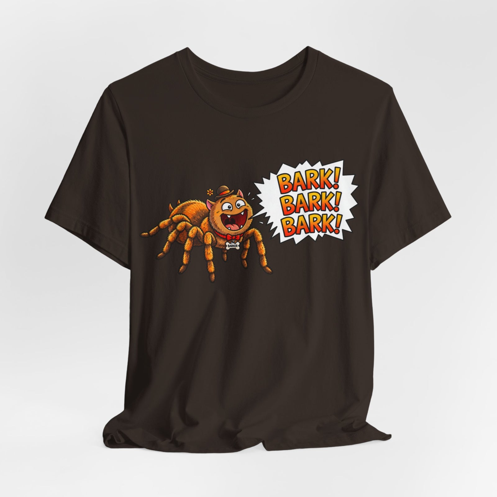 Barking Tarantula T‑Shirt — Funny Spider Cartoon Saying "Bark! Bark! Bark!"
