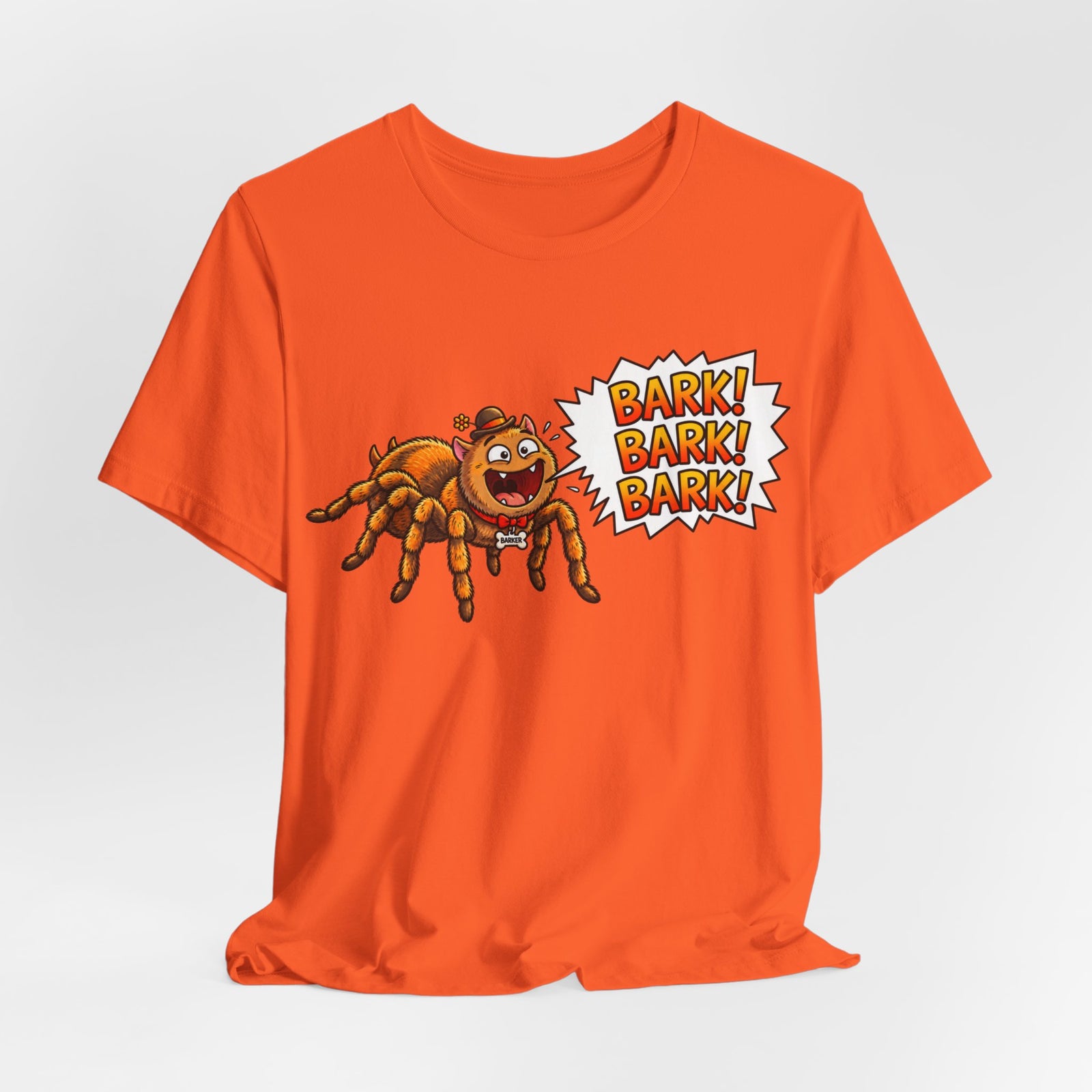 Barking Tarantula T‑Shirt — Funny Spider Cartoon Saying "Bark! Bark! Bark!"