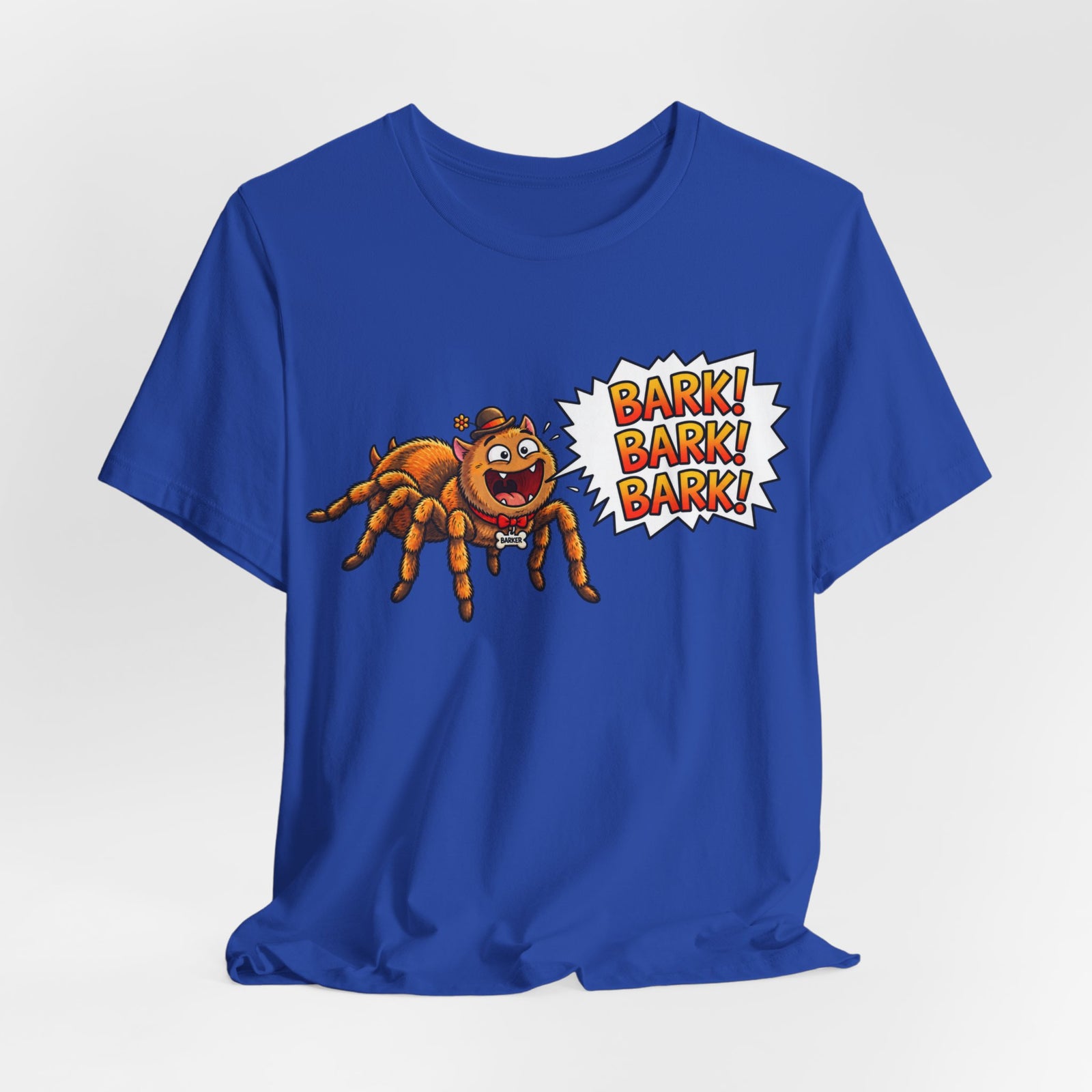Barking Tarantula T‑Shirt — Funny Spider Cartoon Saying "Bark! Bark! Bark!"