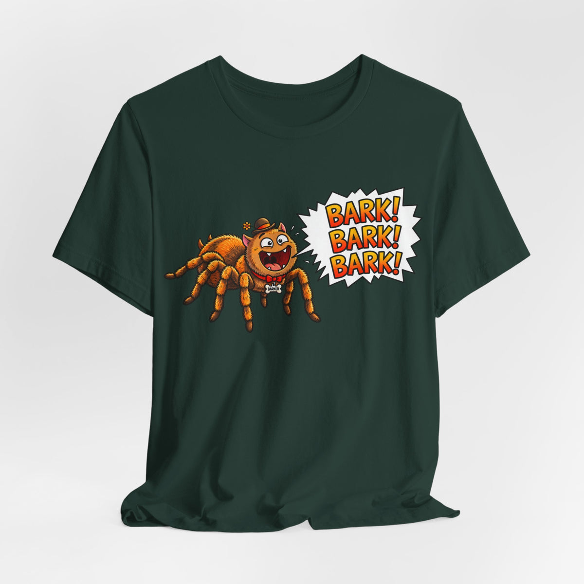Barking Tarantula T‑Shirt — Funny Spider Cartoon Saying "Bark! Bark! Bark!"