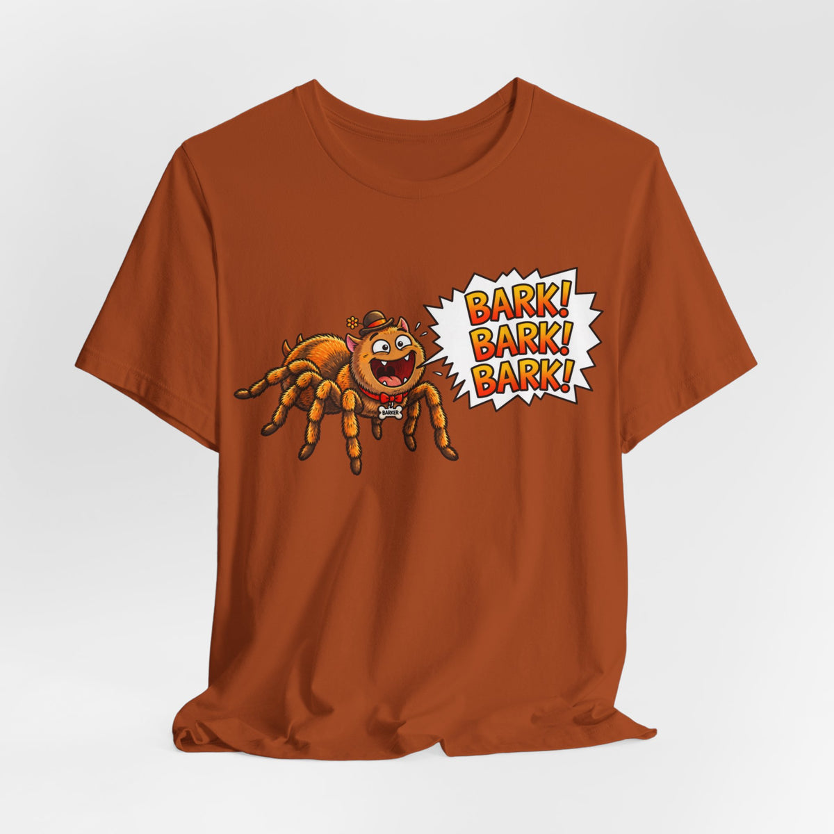 Barking Tarantula T‑Shirt — Funny Spider Cartoon Saying "Bark! Bark! Bark!"