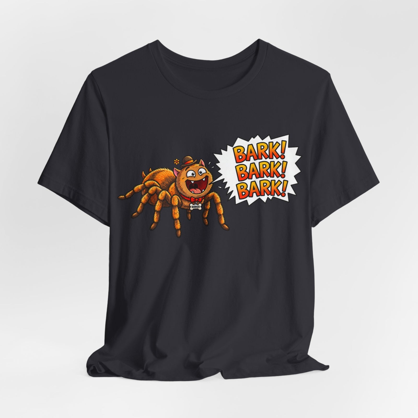 Barking Tarantula T‑Shirt — Funny Spider Cartoon Saying "Bark! Bark! Bark!"