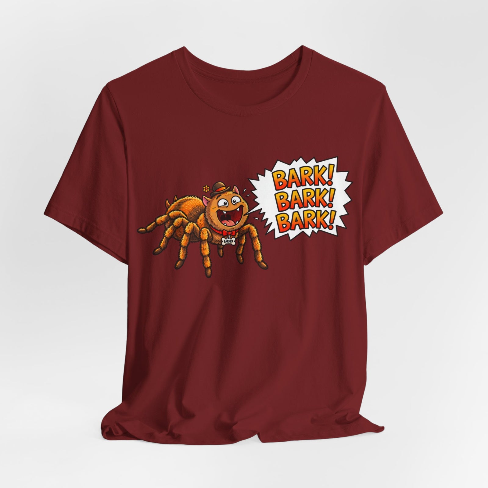 Barking Tarantula T‑Shirt — Funny Spider Cartoon Saying "Bark! Bark! Bark!"