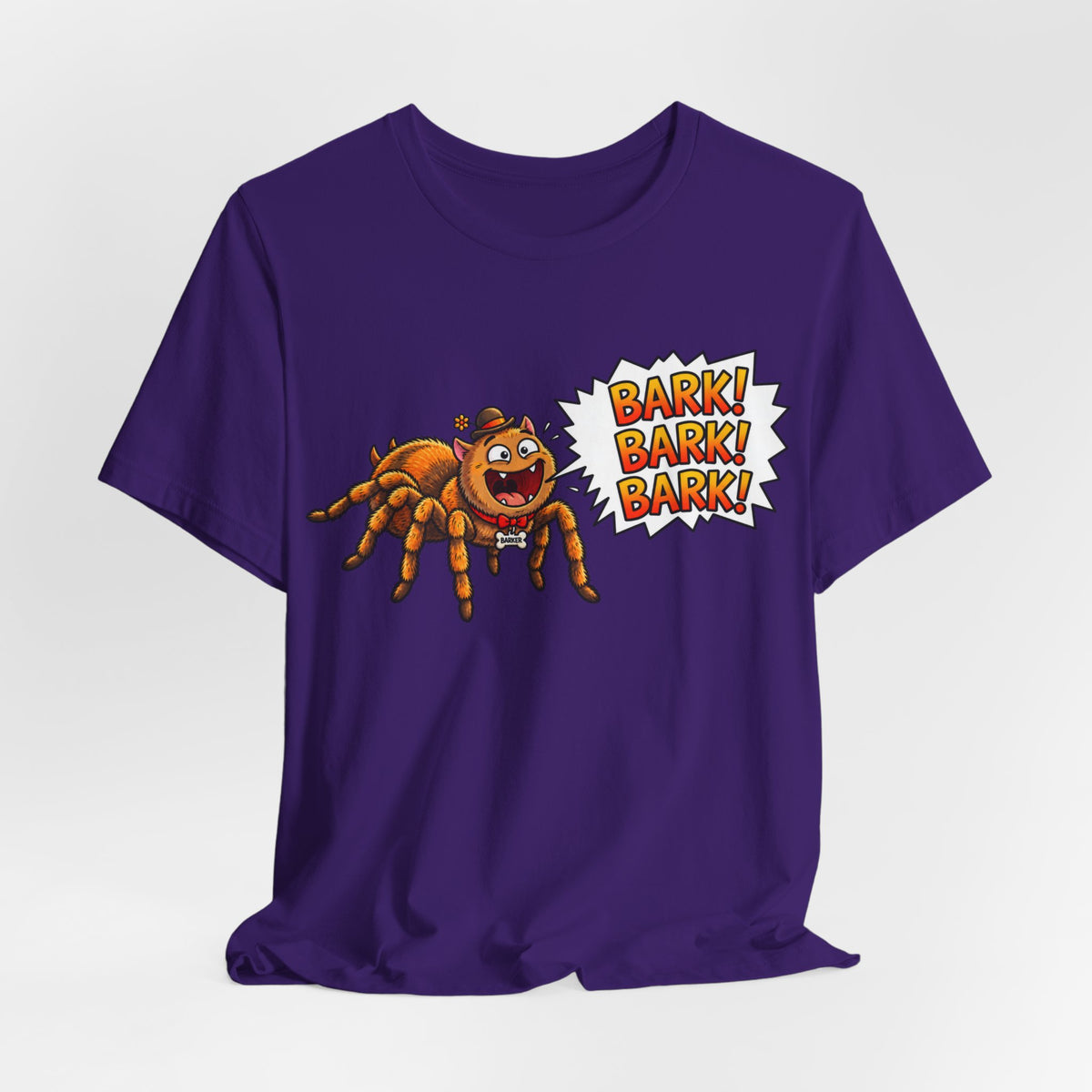 Barking Tarantula T‑Shirt — Funny Spider Cartoon Saying "Bark! Bark! Bark!"